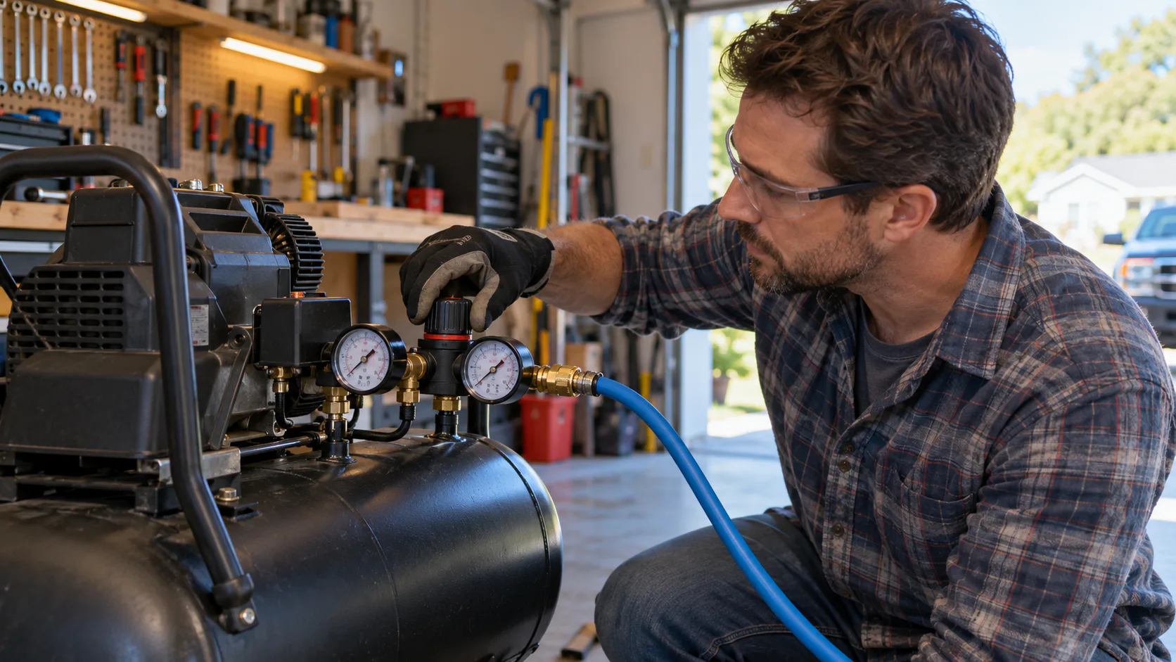 A home-garage compressor owner turns a regulator knob while looking at two separate pressure gauges.