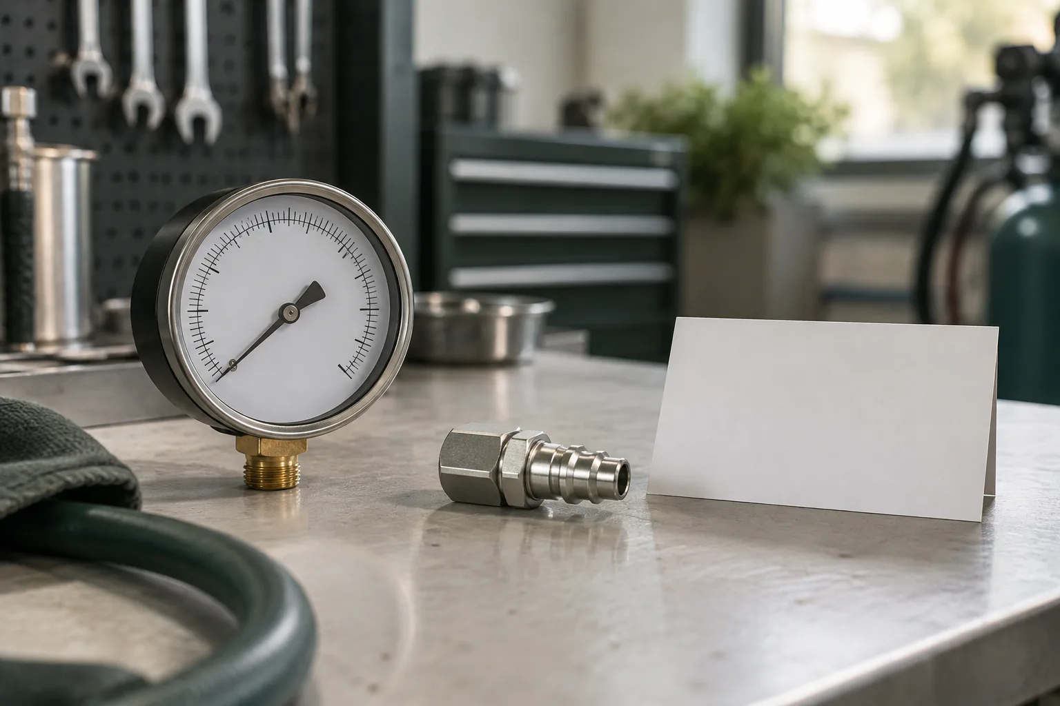 An unbranded pressure gauge, metal air fitting, and blank specification card on a workshop bench.