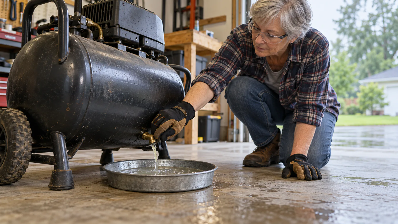 An older workshop owner drains a small stream of condensate from the bottom valve of an unbranded portable compressor into a tray.