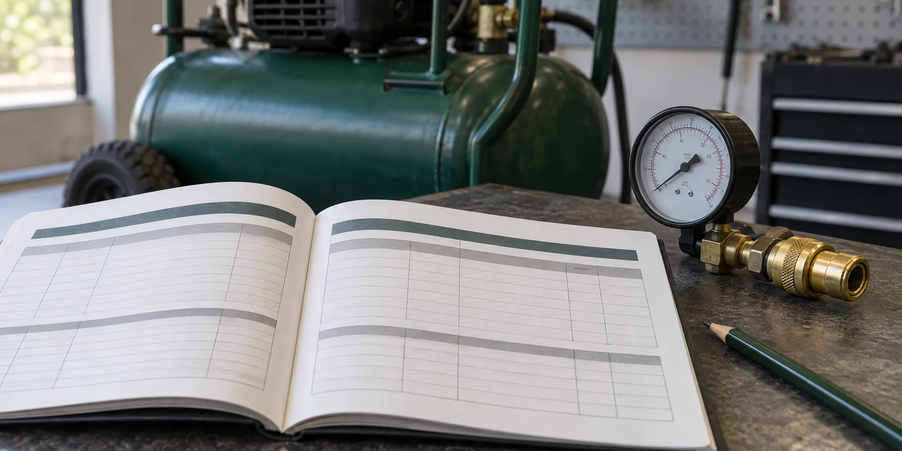 An open blank specification booklet beside a pressure gauge and brass air fitting, with an unbranded compressor in the background.