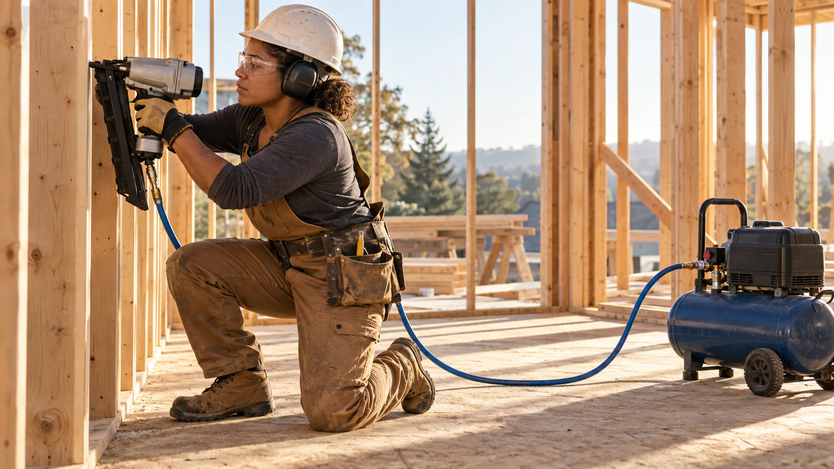 A carpenter using a pneumatic framing nailer on wood studs, connected by hose to a portable air compressor on a job site.