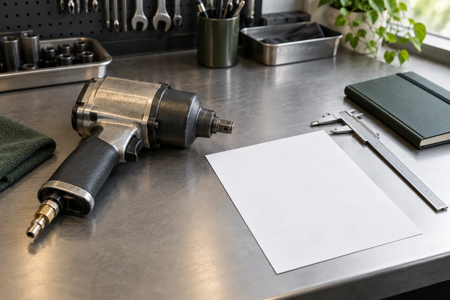 An unbranded pneumatic impact tool next to a blank specification sheet and caliper on a workshop bench.