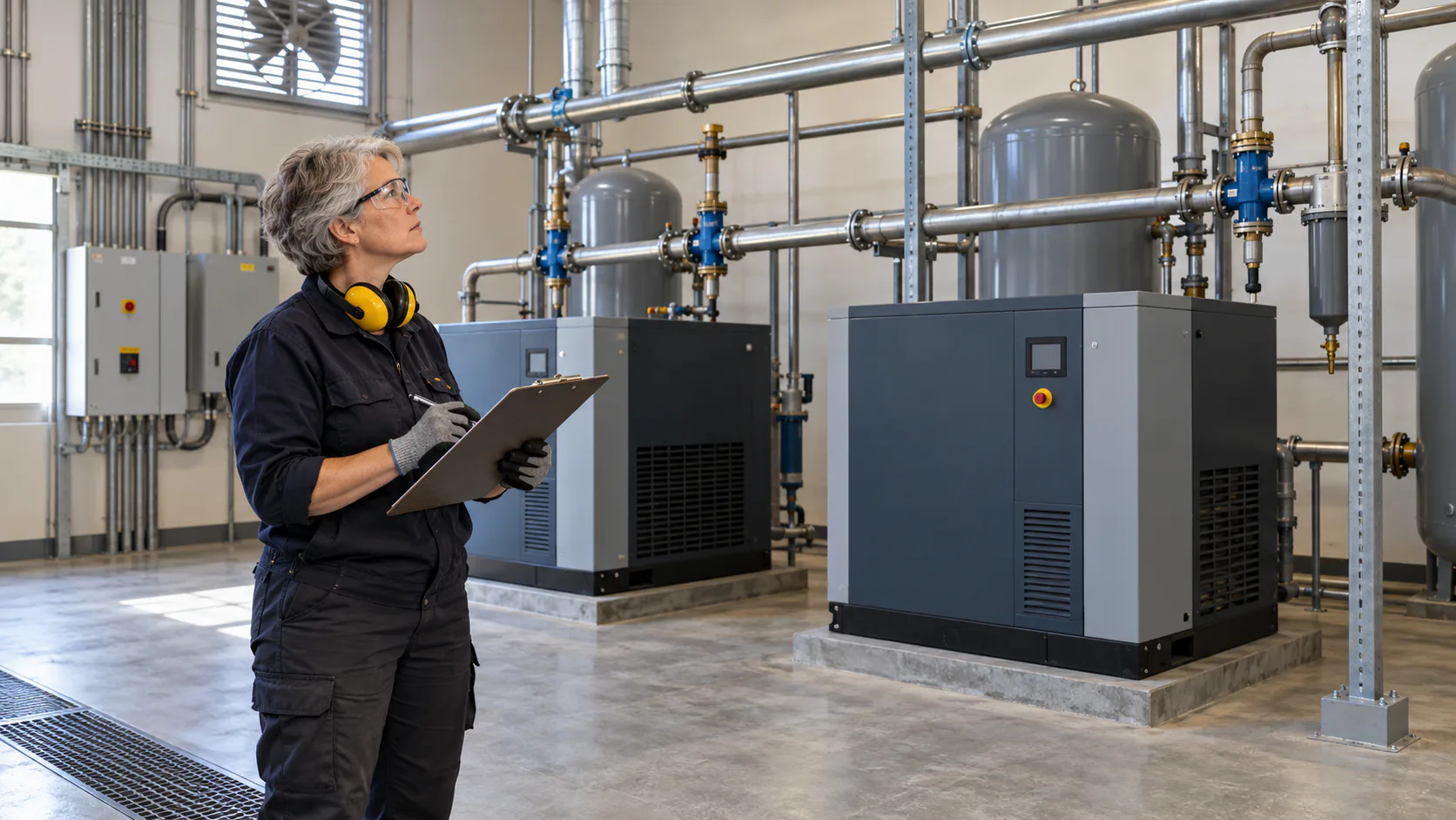 A maintenance technician inspects two stationary air compressors and shared piping in a clean compressor room.