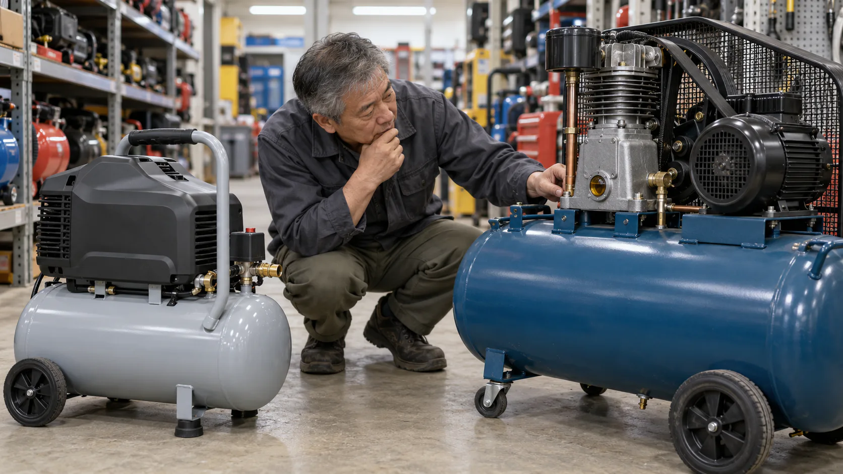 An older workshop owner compares a compact enclosed compressor with a larger belt-driven compressor that has an oil sight glass.
