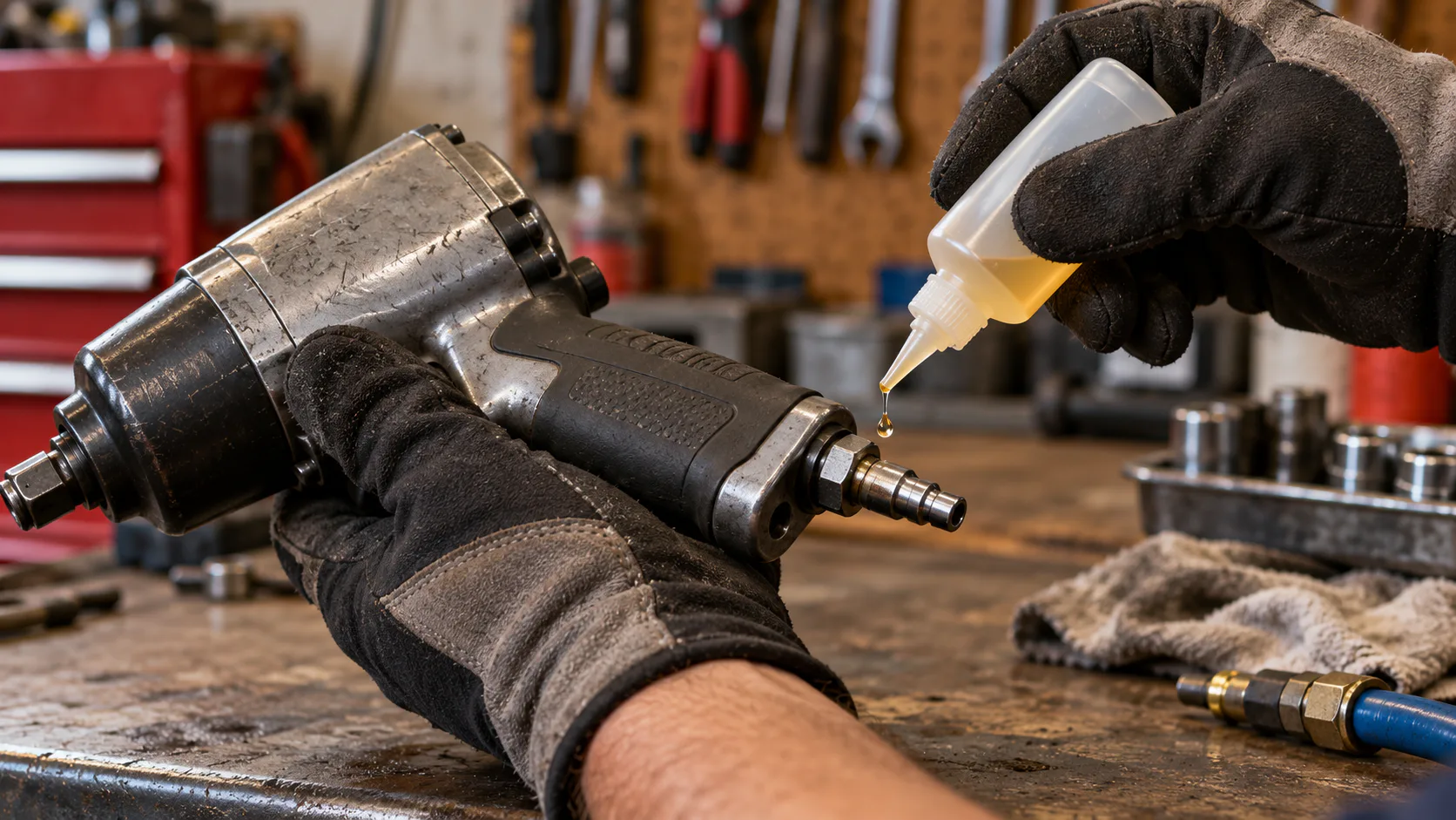 Gloved hands add a drop of oil near the air inlet of an unbranded pneumatic impact wrench in a workshop.
