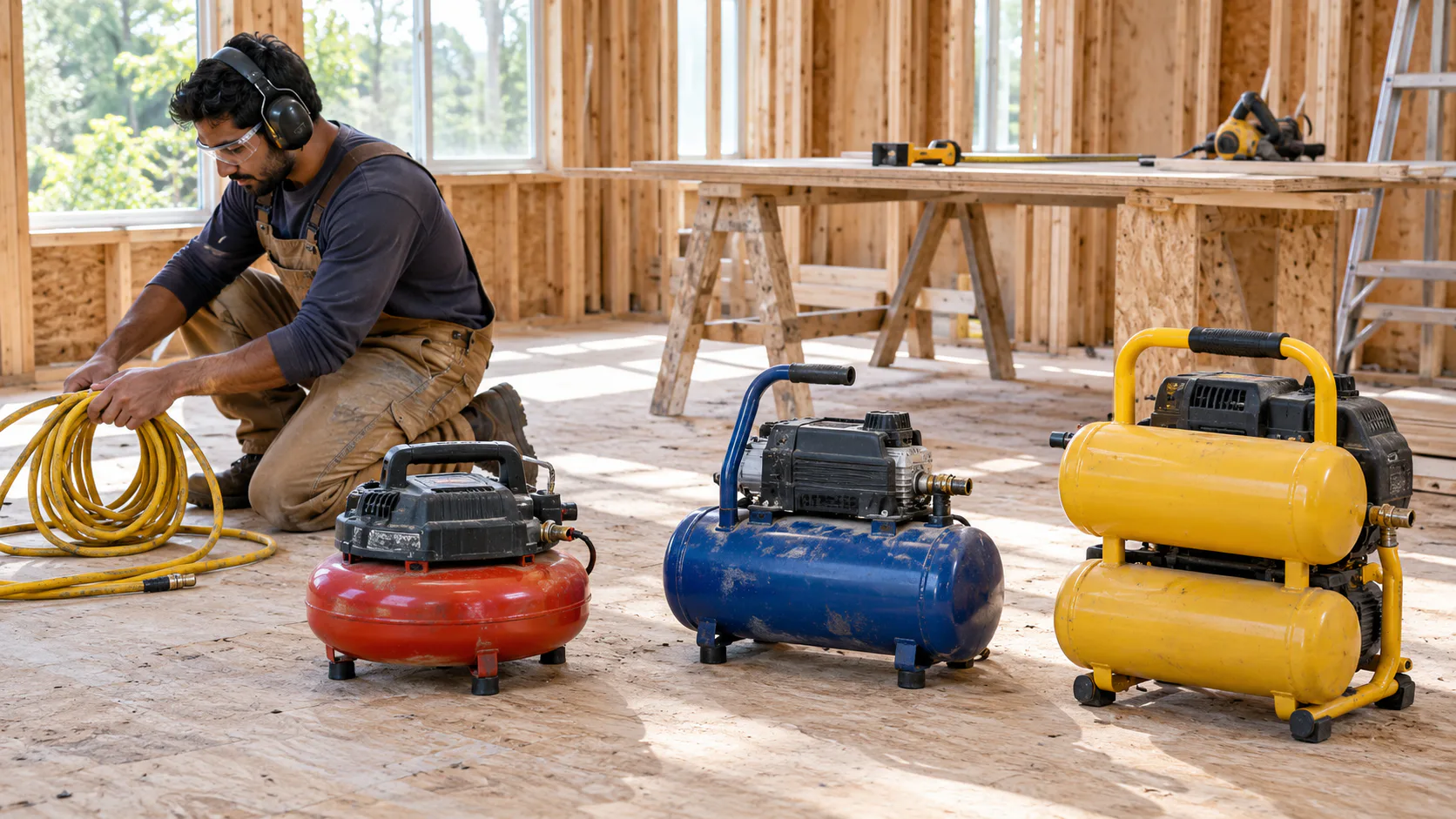 Three unbranded portable compressors with pancake, single-horizontal and twin-stack tank forms on a renovation site.