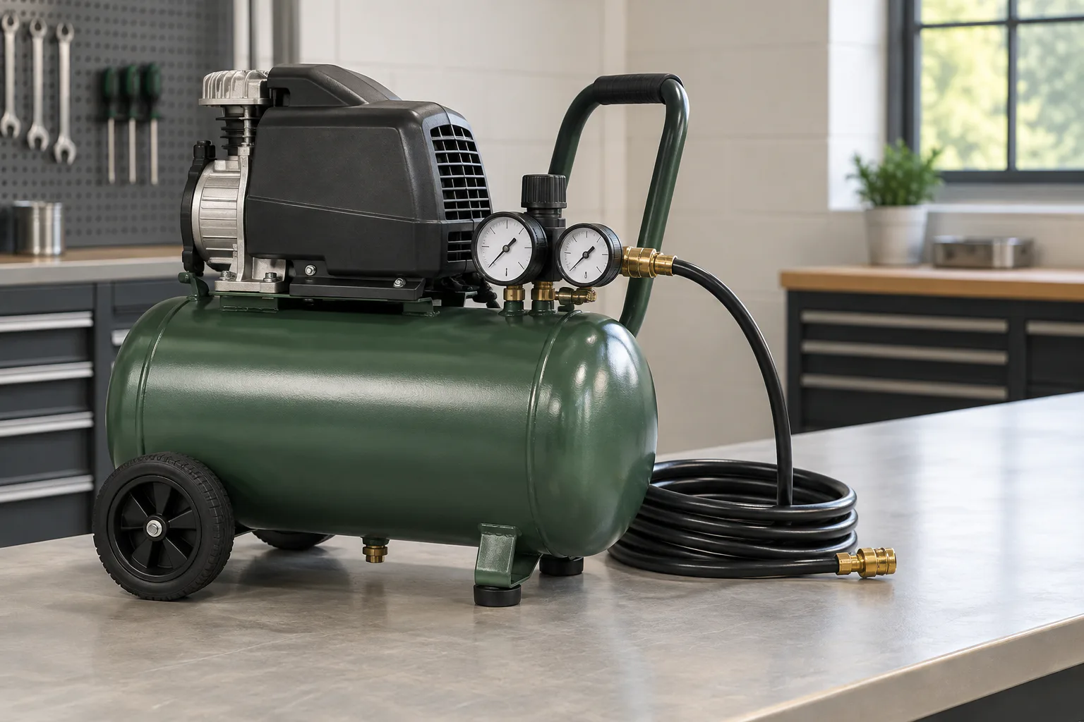An unbranded portable air compressor with two analog gauges and a coiled hose on a workshop bench.