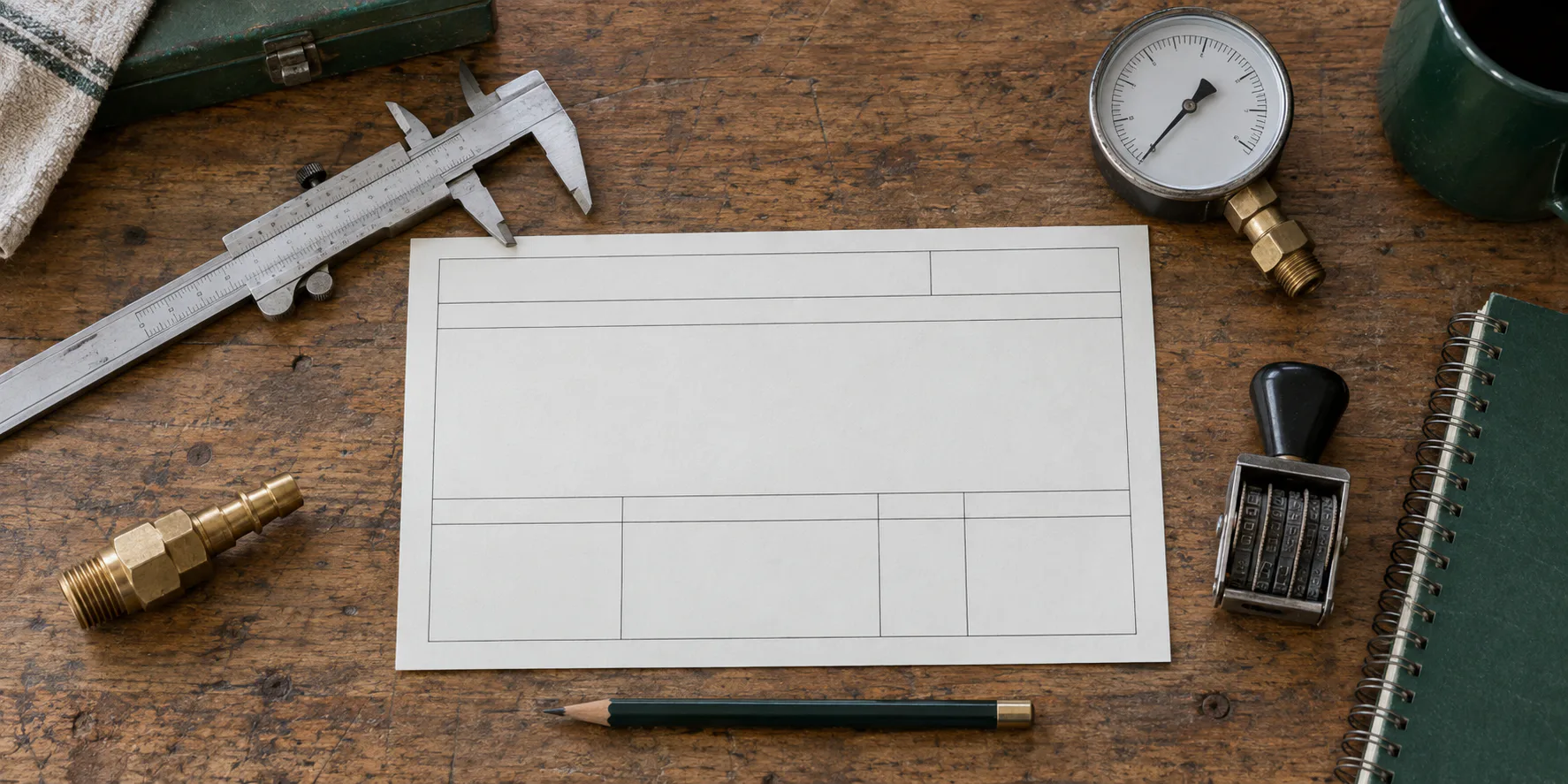 A blank specification card, caliper, pressure gauge, brass fitting, date stamp, and pencil arranged on a workshop bench.